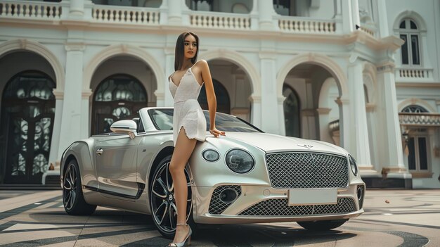beautiful-woman-white-dress-leans-silver-bentley-convertible-front-grand-building_14117-586101